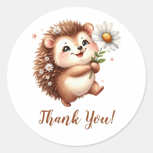 Gelukkige Hedgehog met Zonnebloem Dank U Ronde Sticker (Voorkant)