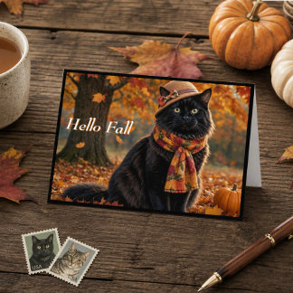 Gelukkige Herfst Herfstbladeren Zwarte Kat in een Kaart