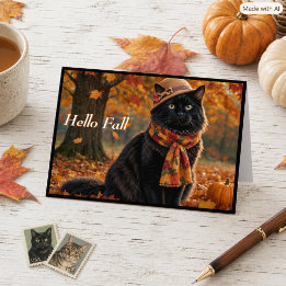 Gelukkige Herfst Herfstbladeren Zwarte Kat in een Kaart