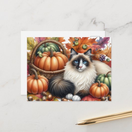 Gelukkige Herfst Knuffelkat Herfst Ansichtkaart Briefkaart (Voorkant / Achterkant in situ)