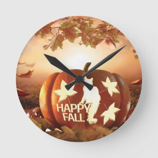 Gelukkige Herfst Pompoen Met Kat & Bladeren Wandkl Ronde Klok