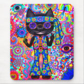 Gelukkige Hippie Kat Zonnebril Vredesteken Bloem Muismat (Voorkant)