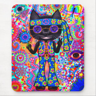 Gelukkige Hippie Kat Zonnebril Vredesteken Bloem Muismat