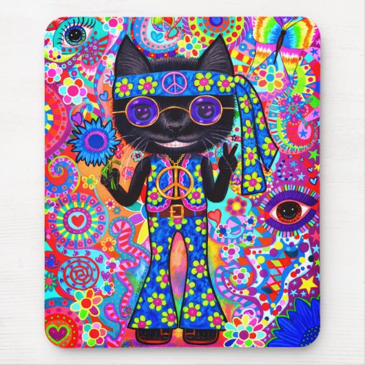 Gelukkige Hippie Kat Zonnebril Vredesteken Bloem Muismat (Voorkant)
