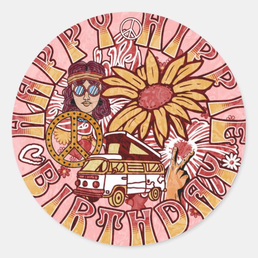 Gelukkige Hippie Verjaardag Retro kleuren Ronde Sticker (Voorkant)