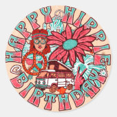 Gelukkige Hippie Verjaardag Retro kleuren Ronde Sticker (Voorkant)