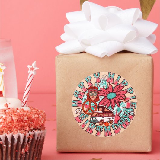 Gelukkige Hippie Verjaardag Retro kleuren Ronde Sticker (Feest)