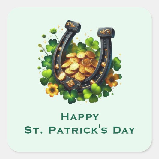 Gelukkige Hoefijzer en gouden munten St. Patrick's Vierkante Sticker (Voorkant)