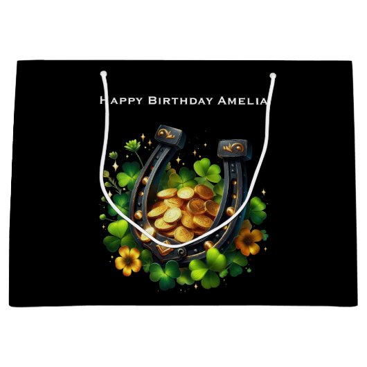 Gelukkige Hoefijzer en gouden munten Verjaardag Groot Cadeauzakje (Voorkant)