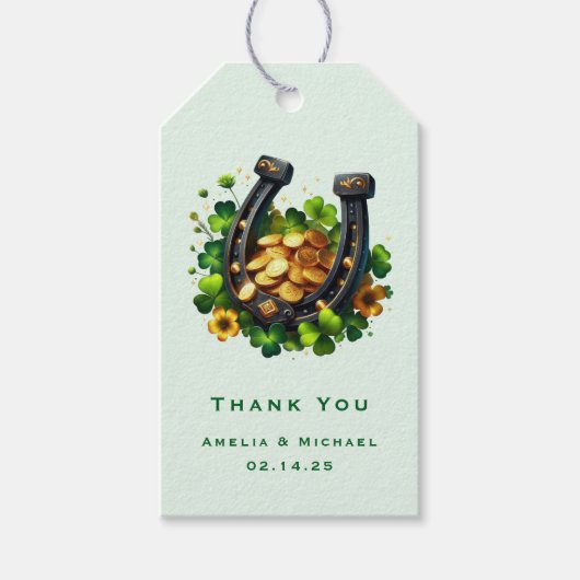 Gelukkige Hoefijzer en Gouden Munten Wedding Dank  Cadeaulabel (Voorkant)