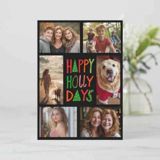 GELUKKIGE HOLLY DAGEN Hand-getrokken CUSTOM 6 FOTO Feestdagenkaart (Staand voorkant)