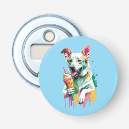 Gelukkige hond die een ijsje eet button flesopener