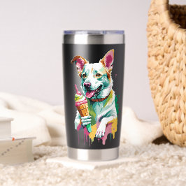 Gelukkige hond die een ijsje eet geïsoleerde drinkbeker