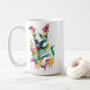 Gelukkige hond die een ijsje eet koffiemok