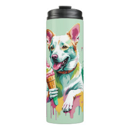 Gelukkige hond die een ijsje eet thermosbeker