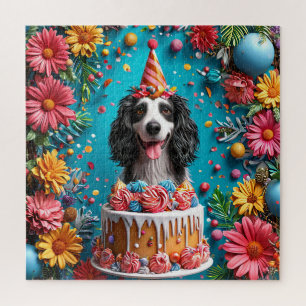 Gelukkige Hond Die Verjaardag Viert Met Kleurrijke Legpuzzel