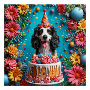 Gelukkige Hond Die Verjaardag Viert Met Kleurrijke Perfect Poster