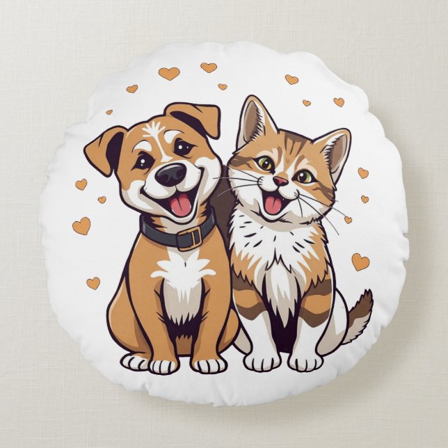 Gelukkige hond en kat met hart rond kussen (Voorkant)