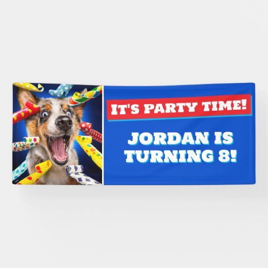 Gelukkige Hond Feest Toeters Spandoek (Horizontaal)