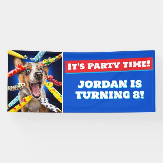 Gelukkige Hond Feest Toeters Spandoek (Horizontaal)