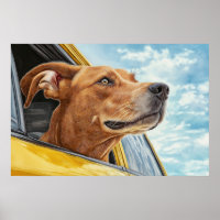Gelukkige Hond in Gele Auto Kunstprint