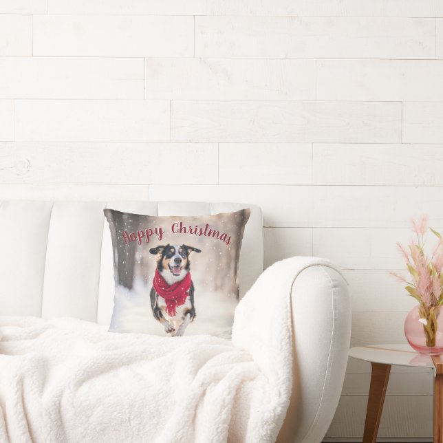 Gelukkige hond in sneeuw kussen (Bank)