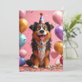 Gelukkige hond viert verjaardag met taart kaart (Staand voorkant)