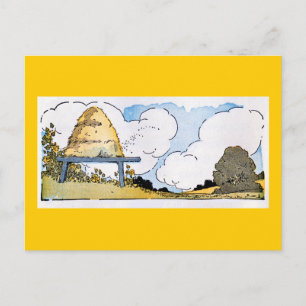 Gelukkige honingbij korf vintage kunst ansichtkaar briefkaart