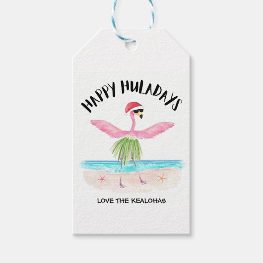 Gelukkige Huladays Flamingo Santa Tropische Kerstm Cadeaulabel (Voorkant)