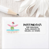 Gelukkige Huladays Flamingo Santa Tropische Kerstm Etiket (Insitu)