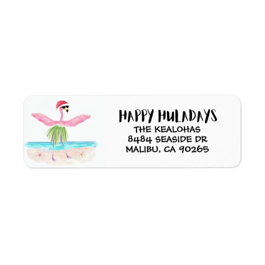 Gelukkige Huladays Flamingo Santa Tropische Kerstm Etiket (Voorkant)
