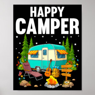 Gelukkige kampeerder bomen sterren en kampeerwagen poster