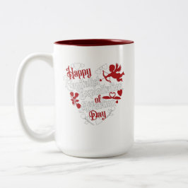 Gelukkige kapitalistische uitbuiting van affectied tweekleurige koffiemok