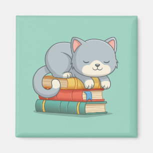 Gelukkige kat bovenop een stapel groene boeken magneet