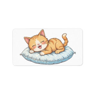 Gelukkige Kat Dromend op een Knus Kussen Etiket