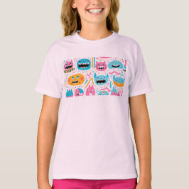 Gelukkige kat en monster gezichten t-shirt