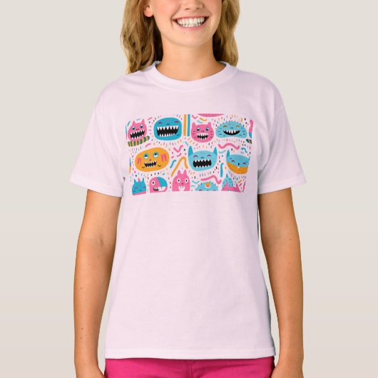 Gelukkige kat en monster gezichten t-shirt (Voorkant)