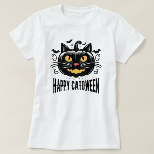 Gelukkige Katoween Zwarte Kat Pompoen Gezicht Hall T-shirt