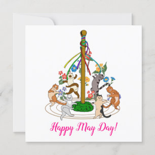 Gelukkige katten dansen rond Maypole Custom Greeti Feestdagenkaart