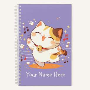 Gelukkige Kawaii Calico Cat dansen op muziek Notitieboek