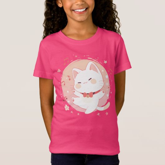 Gelukkige Kawaii Witte Kat Dansen op Muziek T-shirt (Voorkant)