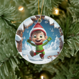 Gelukkige kerst Elf genieten van de winter. Keramisch Ornament