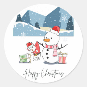 Gelukkige Kerstman Kat en Sneeuwman Ronde Sticker