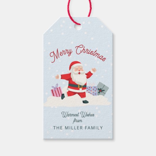 Gelukkige Kerstman, lichtblauwe Kerst Cadeaulabel (Voorkant)