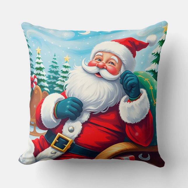 Gelukkige Kerstman Ontspannen In Feestelijke Sleig Kussen (Voorkant)