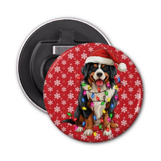 Gelukkige Kerstmis Berner Berg Hond Santa Hat Button Flesopener (Voorkant)