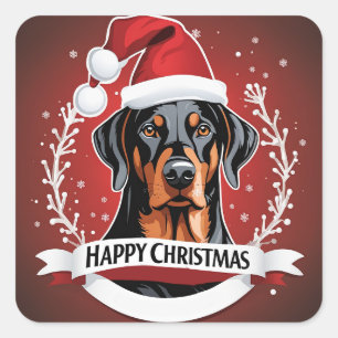 Gelukkige Kerstmis Doberman Hond met Kerstmanhoed  Vierkante Sticker