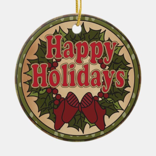 Gelukkige Kerstmis krans van de vakantie Keramisch Ornament (Voorkant)
