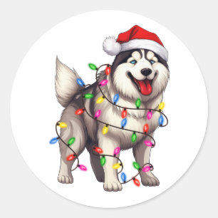 Gelukkige Kerstmis Siberische Husky met Santa Hat Ronde Sticker