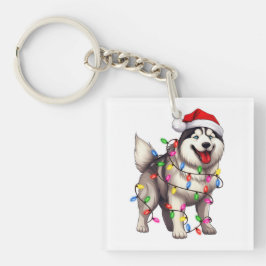 Gelukkige Kerstmis Siberische Husky met Santa Hat Sleutelhanger
